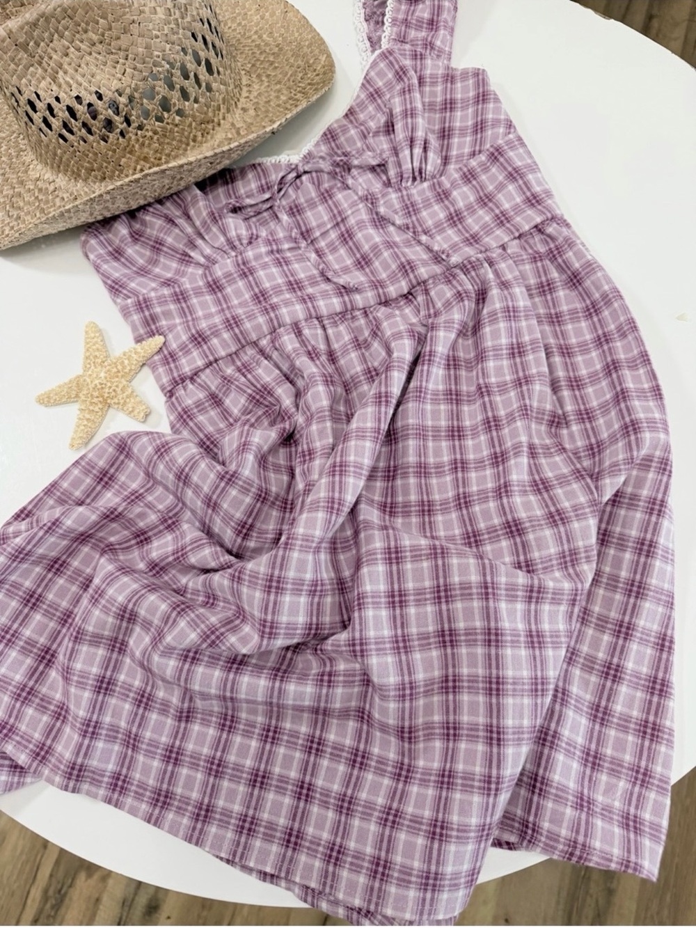 Lavender Plaid Sweetheart Neck Cotton Mini Sundress